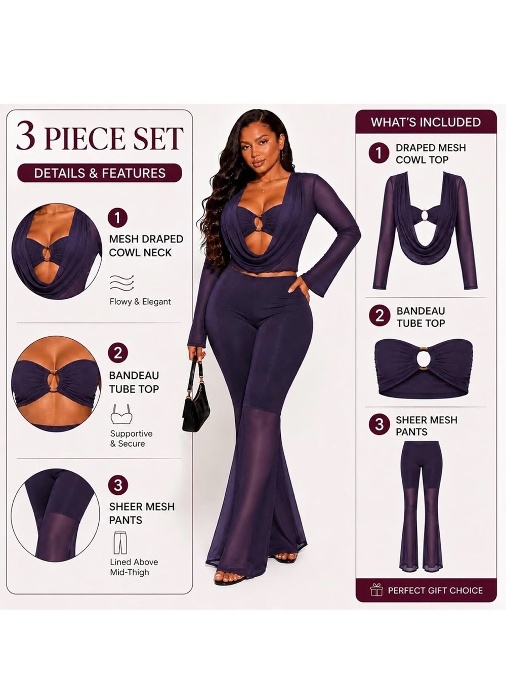 NWT Kafiloe 3-Piece Purple Mesh Set Size L